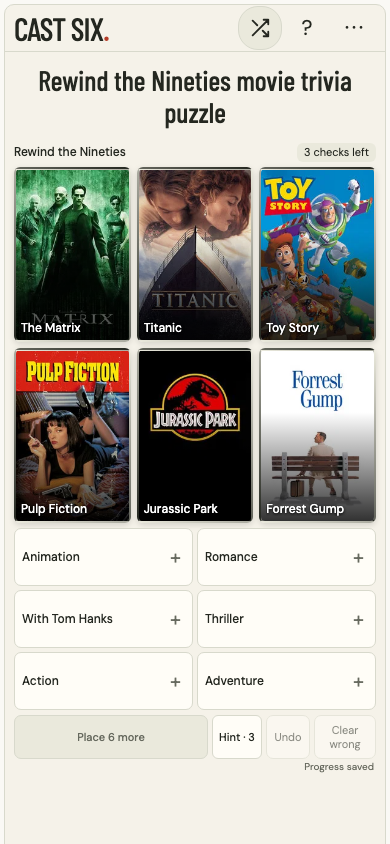 Cast Six movie matching board on a phone