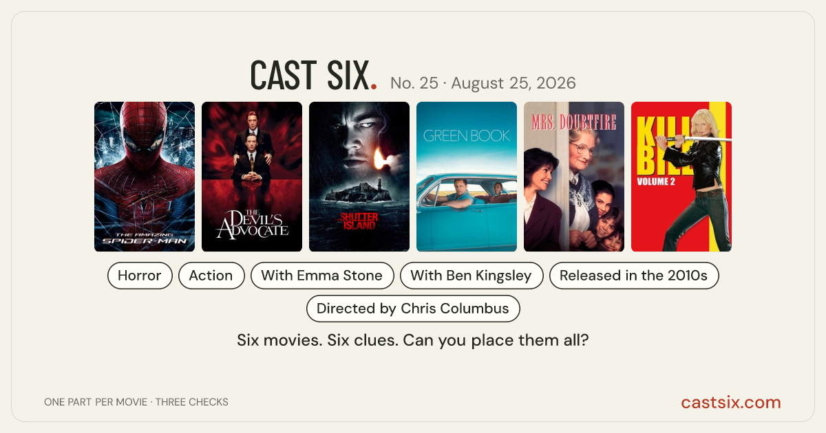 Cast Six No. 25: Check the Nanny's References: a Cast Six movie puzzle. Six movie posters in a row: The Amazing Spider-Man, The Devil's Advocate, Shutter Island, Green Book, Mrs. Doubtfire, Kill Bill: Vol. 2. Six movies, six categories, three checks. Free to play at castsix.com.