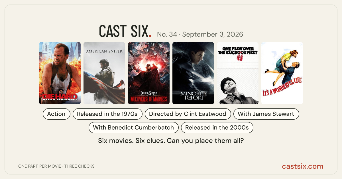 Cast Six No. 34: Check the Other Timeline: a Cast Six movie puzzle. Six movie posters in a row: Die Hard: With a Vengeance, American Sniper, Doctor Strange in the Multiverse of Madness, Minority Report, One Flew Over the Cuckoo's Nest, It's a Wonderful Life. Six movies, six categories, three checks. Free to play at castsix.com.