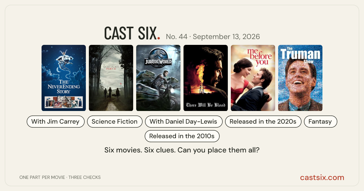 Cast Six No. 44: Quiet on the Oilfield: a Cast Six movie puzzle. Six movie posters in a row: The NeverEnding Story, A Quiet Place Part II, Jurassic World, There Will Be Blood, Me Before You, The Truman Show. Six movies, six categories, three checks. Free to play at castsix.com.