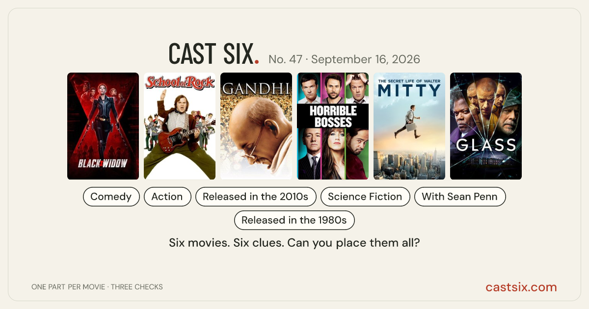 Cast Six No. 47: Quit Your Day Job: a Cast Six movie puzzle. Six movie posters in a row: Black Widow, The School of Rock, Gandhi, Horrible Bosses, The Secret Life of Walter Mitty, Glass. Six movies, six categories, three checks. Free to play at castsix.com.