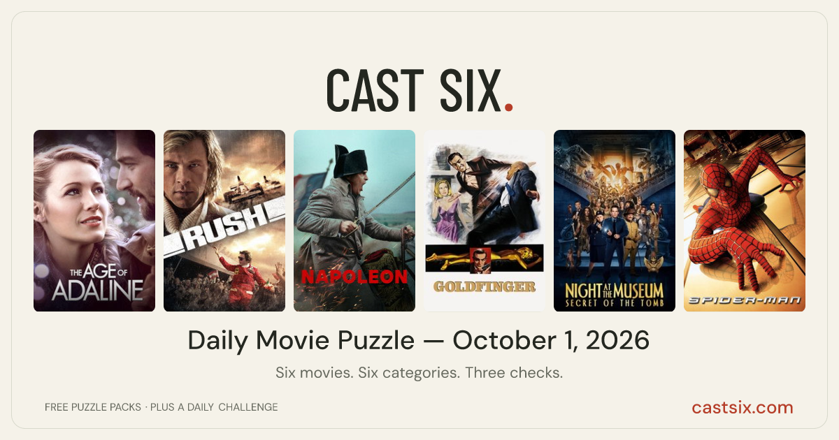 Daily Movie Puzzle — October 1, 2026: a Cast Six movie puzzle. Six movie posters in a row: The Age of Adaline, Rush, Napoleon, Goldfinger, Night at the Museum: Secret of the Tomb, Spider-Man. Six movies, six categories, three checks. Free to play at castsix.com.
