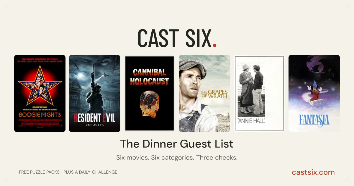 The Dinner Guest List: a Cast Six movie puzzle. Six movie posters in a row: Boogie Nights, Resident Evil: Vendetta, Cannibal Holocaust, The Grapes of Wrath, Annie Hall, Fantasia. Six movies, six categories, three checks. Free to play at castsix.com.