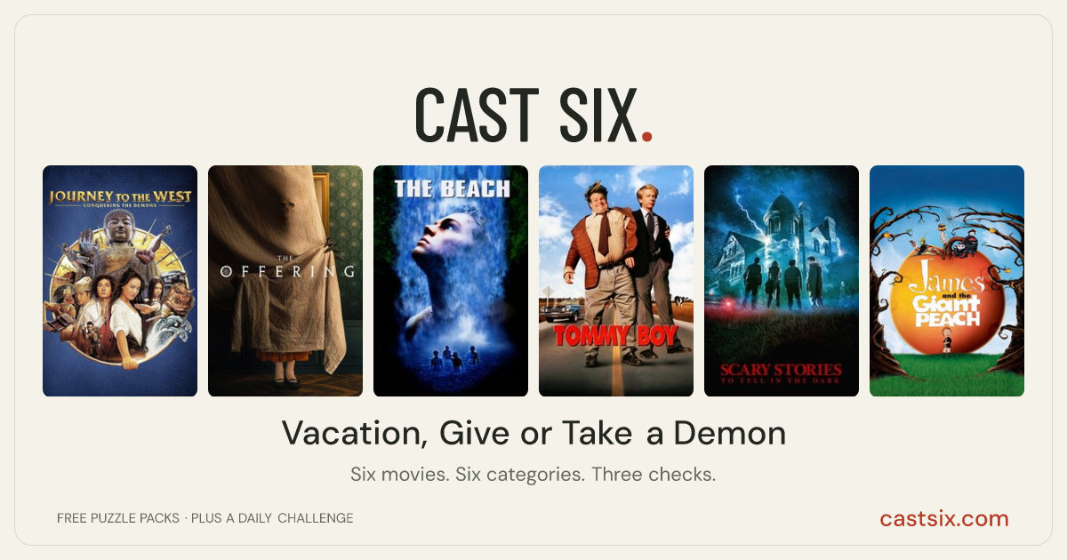 Vacation, Give or Take a Demon: a Cast Six movie puzzle. Six movie posters in a row: Journey to the West: Conquering the Demons, The Offering, The Beach, Tommy Boy, Scary Stories to Tell in the Dark, James and the Giant Peach. Six movies, six categories, three checks. Free to play at castsix.com.