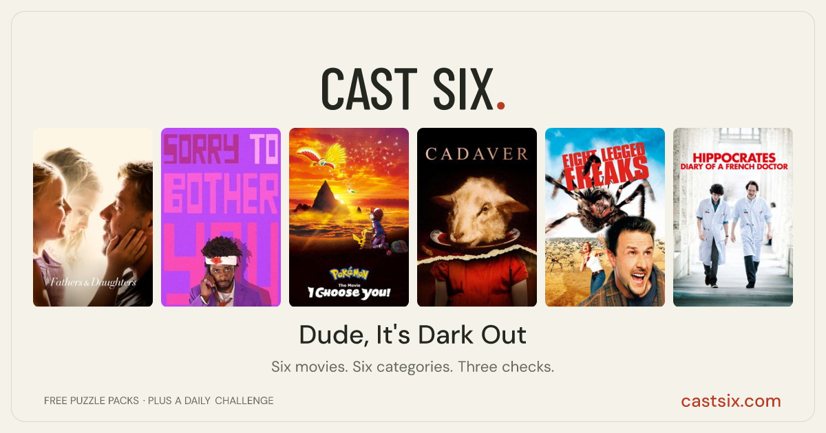 Dude, It's Dark Out: a Cast Six movie puzzle. Six movie posters in a row: Fathers and Daughters, Sorry to Bother You, Pokémon the Movie: I Choose You!, Cadaver, Eight Legged Freaks, Hippocrates. Six movies, six categories, three checks. Free to play at castsix.com.