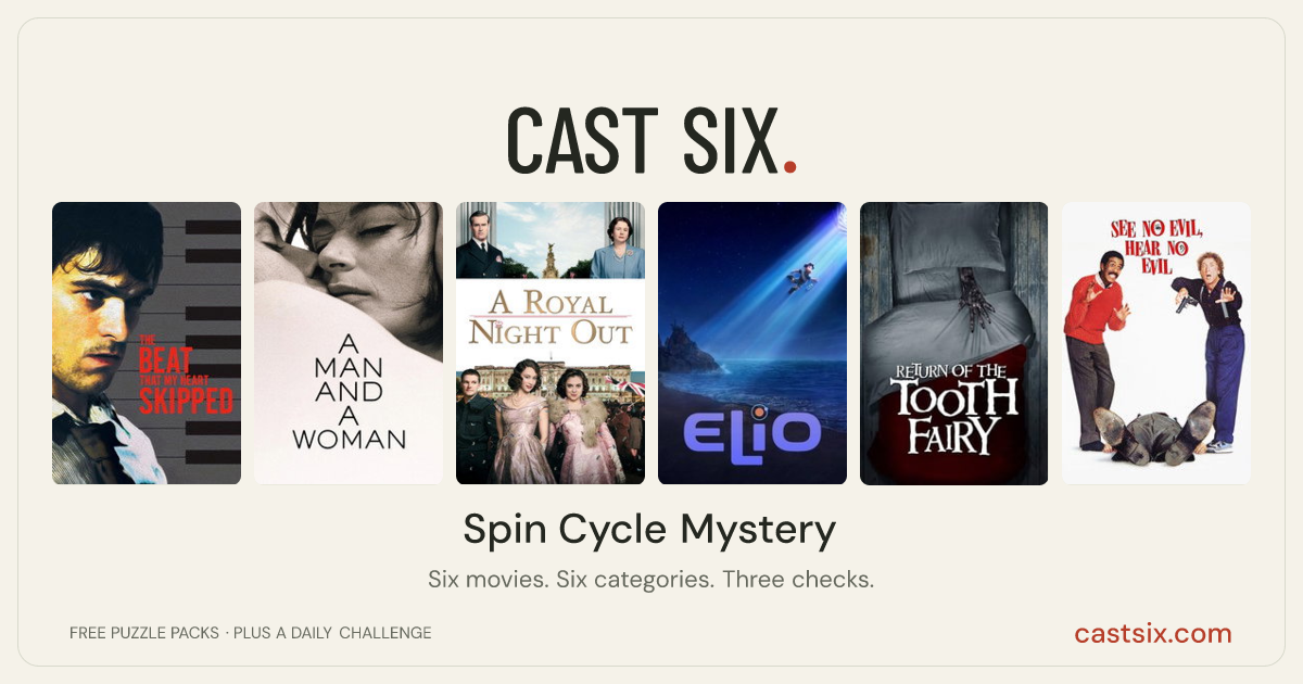 Spin Cycle Mystery: a Cast Six movie puzzle. Six movie posters in a row: The Beat That My Heart Skipped, A Man and a Woman, A Royal Night Out, Elio, Return of the Tooth Fairy, See No Evil, Hear No Evil. Six movies, six categories, three checks. Free to play at castsix.com.