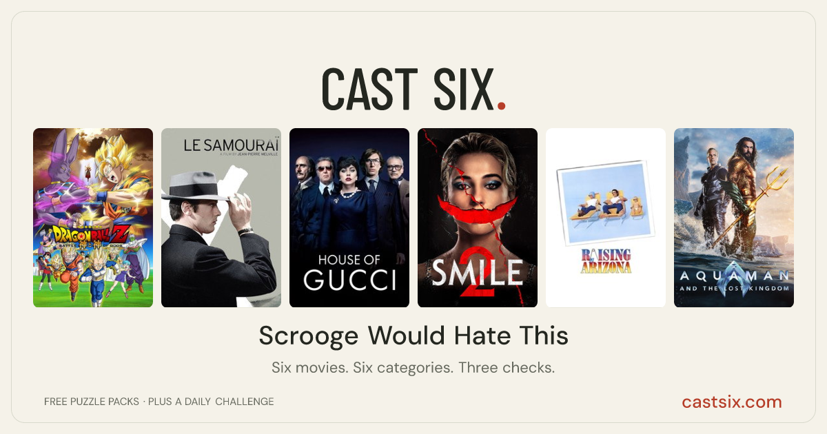 Scrooge Would Hate This: a Cast Six movie puzzle. Six movie posters in a row: Dragon Ball Z: Battle of Gods, Le Samouraï, House of Gucci, Smile 2, Raising Arizona, Aquaman and the Lost Kingdom. Six movies, six categories, three checks. Free to play at castsix.com.