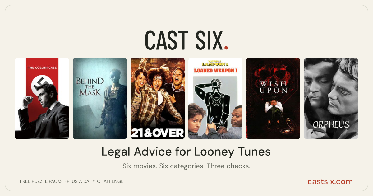 Legal Advice for Looney Tunes: a Cast Six movie puzzle. Six movie posters in a row: The Collini Case, Behind the Mask: The Rise of Leslie Vernon, 21 & Over, National Lampoon's Loaded Weapon 1, Wish Upon, Orpheus. Six movies, six categories, three checks. Free to play at castsix.com.