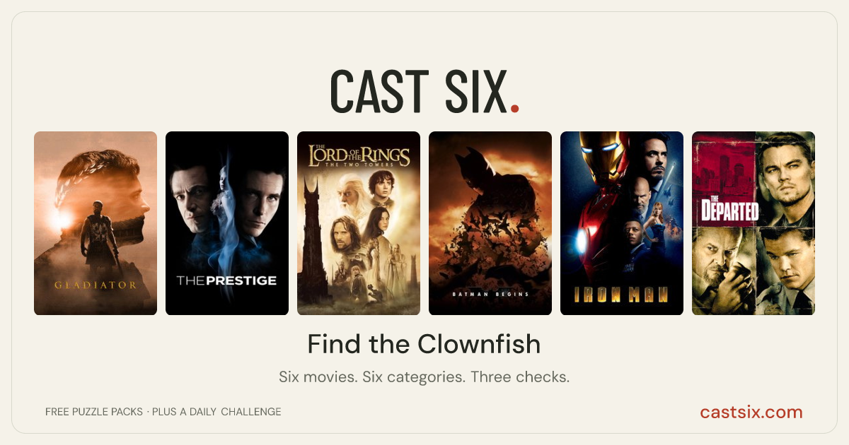 Find the Clownfish: a Cast Six movie puzzle. Six movie posters in a row: Gladiator, The Prestige, The Lord of the Rings: The Two Towers, Batman Begins, Iron Man, The Departed. Six movies, six categories, three checks. Free to play at castsix.com.