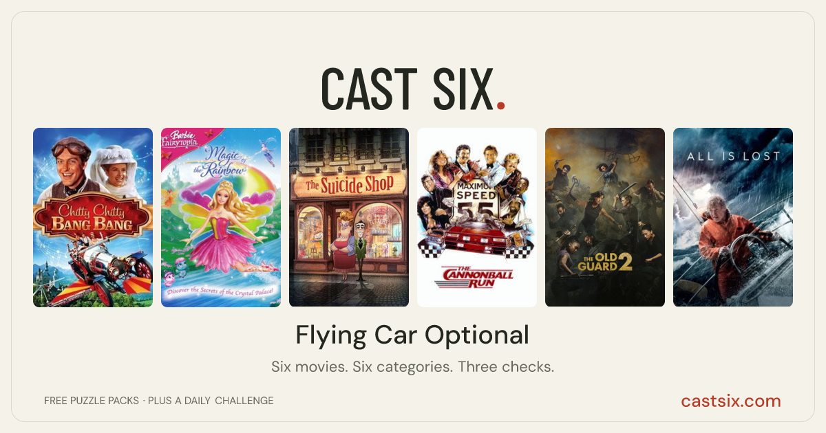 Flying Car Optional: a Cast Six movie puzzle. Six movie posters in a row: Chitty Chitty Bang Bang, Barbie Fairytopia: Magic of the Rainbow, The Suicide Shop, The Cannonball Run, The Old Guard 2, All Is Lost. Six movies, six categories, three checks. Free to play at castsix.com.