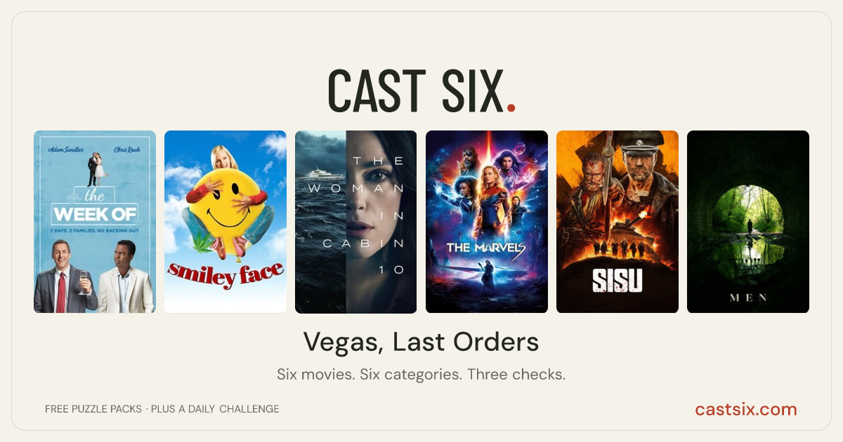 Vegas, Last Orders: a Cast Six movie puzzle. Six movie posters in a row: The Week Of, Smiley Face, The Woman in Cabin 10, The Marvels, Sisu, Men. Six movies, six categories, three checks. Free to play at castsix.com.