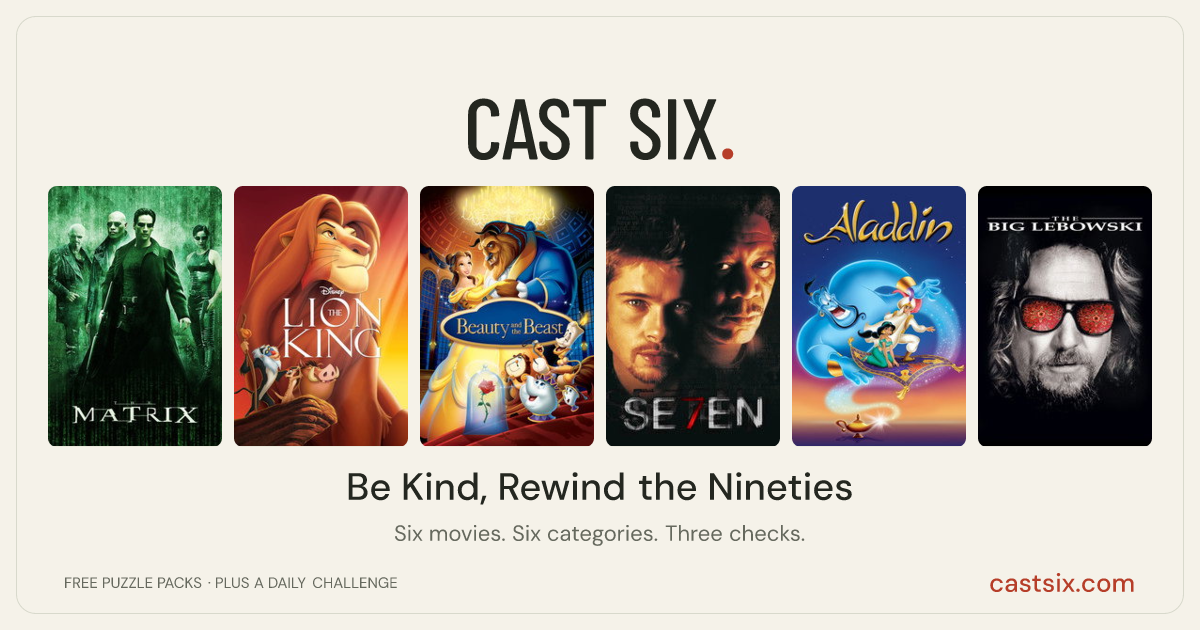 Be Kind, Rewind the Nineties: a Cast Six movie puzzle. Six movie posters in a row: The Matrix, The Lion King, Beauty and the Beast, Se7en, Aladdin, The Big Lebowski. Six movies, six categories, three checks. Free to play at castsix.com.