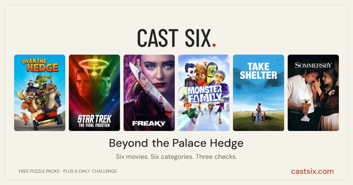 Beyond the Palace Hedge: a Cast Six movie puzzle. Six movie posters in a row: Over the Hedge, Star Trek V: The Final Frontier, Freaky, Monster Family, Take Shelter, Sommersby. Six movies, six categories, three checks. Free to play at castsix.com.
