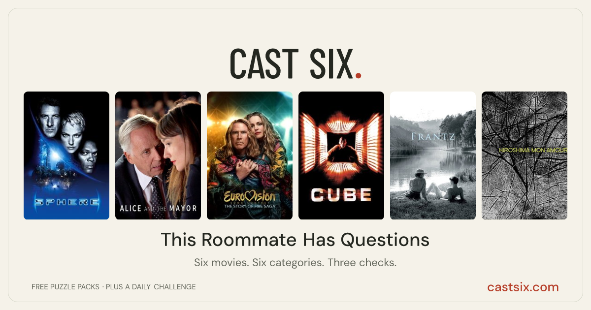 This Roommate Has Questions: a Cast Six movie puzzle. Six movie posters in a row: Sphere, Alice and the Mayor, Eurovision Song Contest: The Story of Fire Saga, Cube, Frantz, Hiroshima Mon Amour. Six movies, six categories, three checks. Free to play at castsix.com.