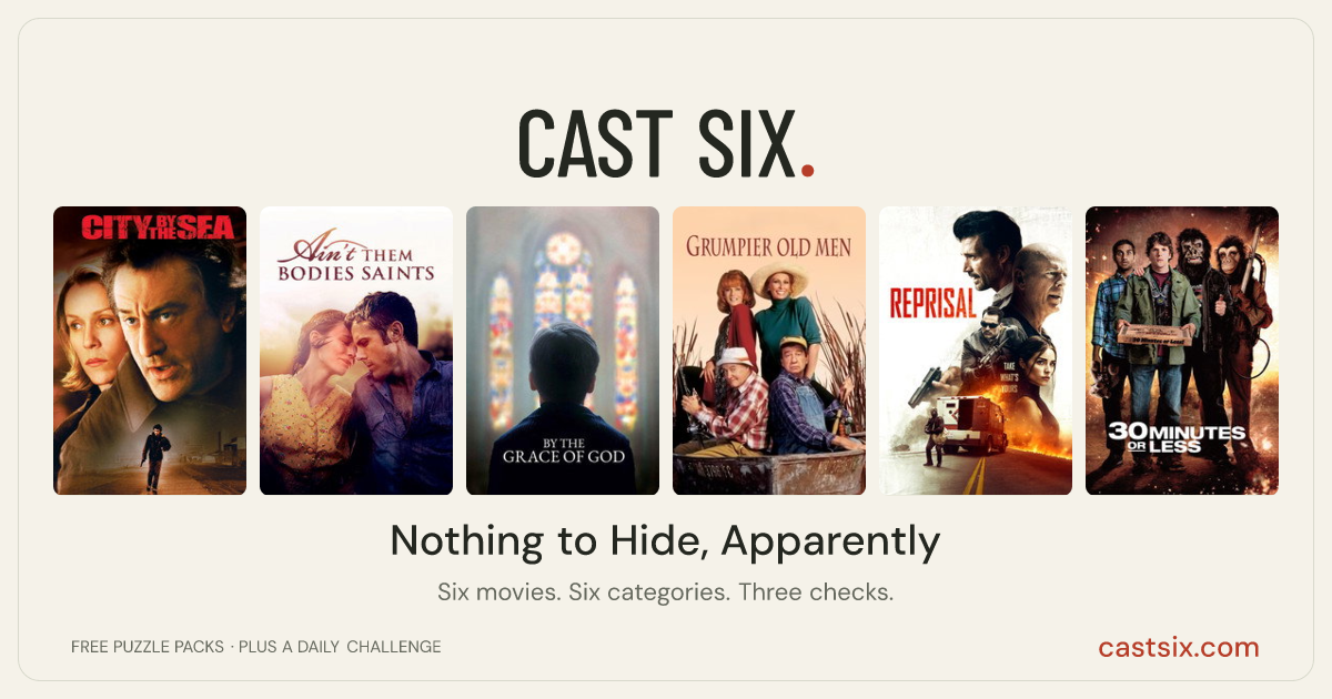 Nothing to Hide, Apparently: a Cast Six movie puzzle. Six movie posters in a row: City by the Sea, Ain't Them Bodies Saints, By the Grace of God, Grumpier Old Men, Reprisal, 30 Minutes or Less. Six movies, six categories, three checks. Free to play at castsix.com.