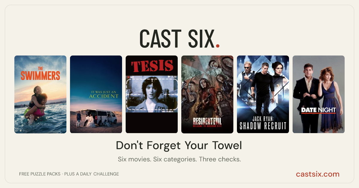 Don't Forget Your Towel: a Cast Six movie puzzle. Six movie posters in a row: The Swimmers, It Was Just an Accident, Thesis, Resident Evil: Welcome to Raccoon City, Jack Ryan: Shadow Recruit, Date Night. Six movies, six categories, three checks. Free to play at castsix.com.