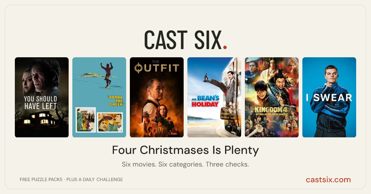 Four Christmases Is Plenty: a Cast Six movie puzzle. Six movie posters in a row: You Should Have Left, Zorba the Greek, The Outfit, Mr. Bean's Holiday, Kingdom: Return of the Great General, I Swear. Six movies, six categories, three checks. Free to play at castsix.com.