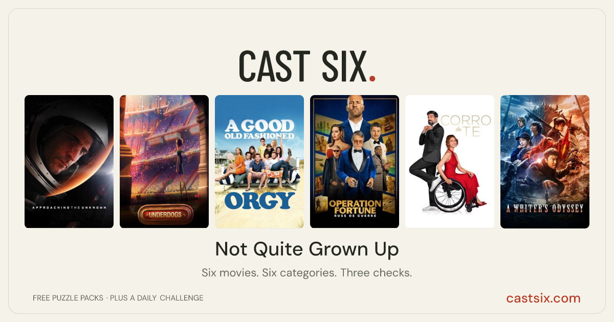Not Quite Grown Up: a Cast Six movie puzzle. Six movie posters in a row: Approaching the Unknown, Underdogs, A Good Old Fashioned Orgy, Operation Fortune: Ruse de Guerre, Run to You, A Writer's Odyssey. Six movies, six categories, three checks. Free to play at castsix.com.