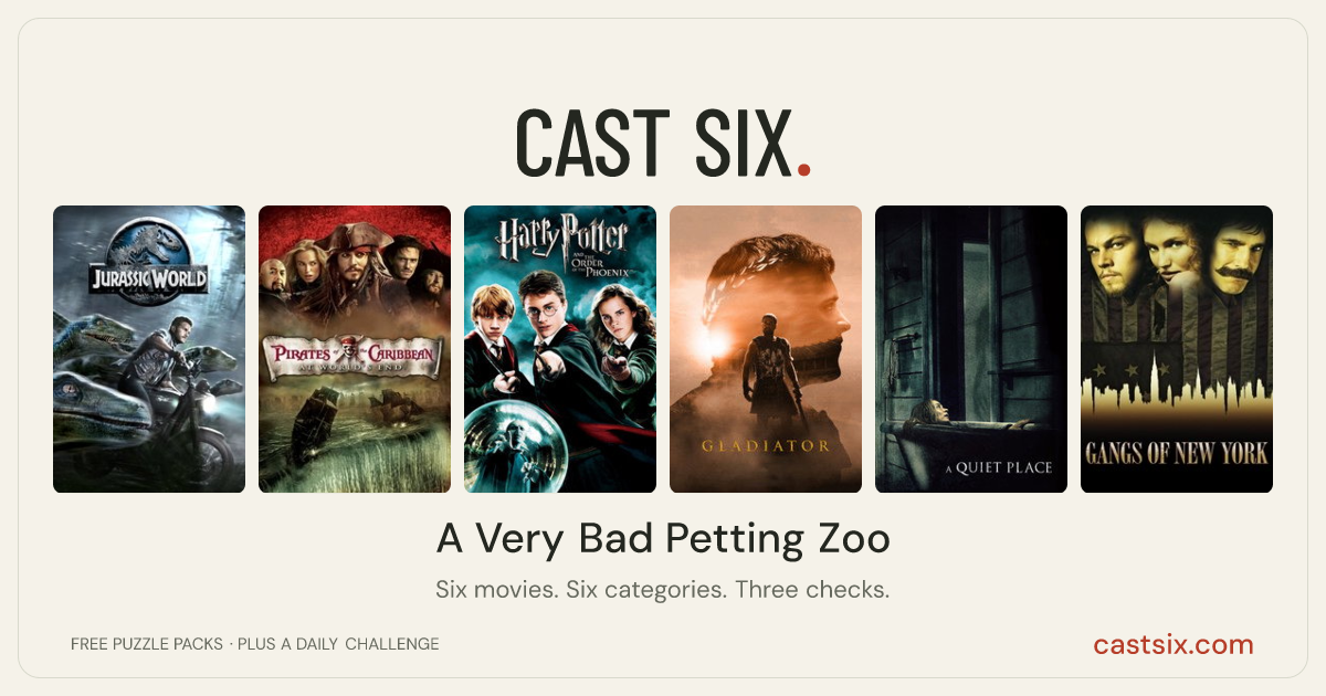 A Very Bad Petting Zoo: a Cast Six movie puzzle. Six movie posters in a row: Jurassic World, Pirates of the Caribbean: At World's End, Harry Potter and the Order of the Phoenix, Gladiator, A Quiet Place, Gangs of New York. Six movies, six categories, three checks. Free to play at castsix.com.