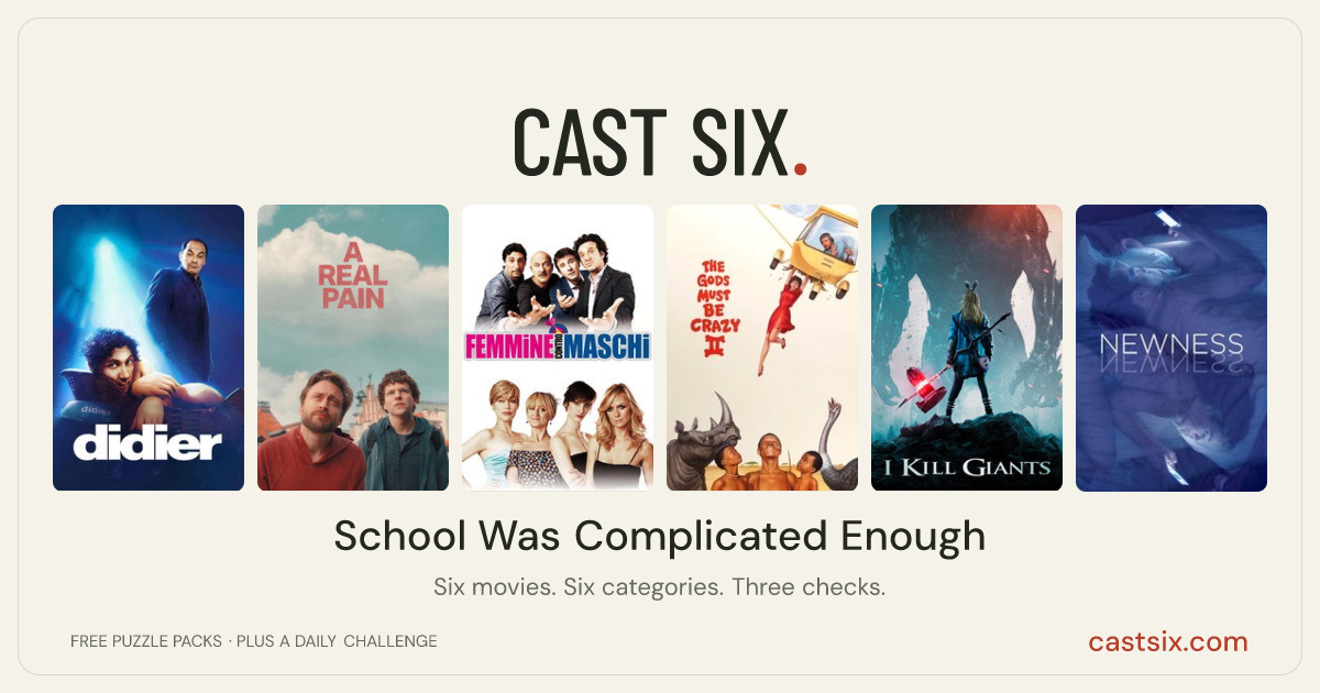 School Was Complicated Enough: a Cast Six movie puzzle. Six movie posters in a row: Didier, A Real Pain, Women Vs Men, The Gods Must Be Crazy II, I Kill Giants, Newness. Six movies, six categories, three checks. Free to play at castsix.com.