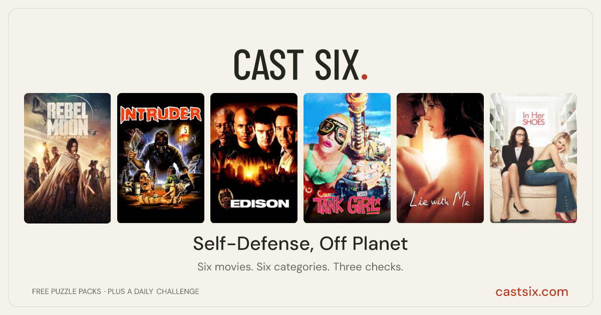 Self-Defense, Off Planet: a Cast Six movie puzzle. Six movie posters in a row: Rebel Moon - Part One: A Child of Fire, Intruder, Edison, Tank Girl, Lie with Me, In Her Shoes. Six movies, six categories, three checks. Free to play at castsix.com.