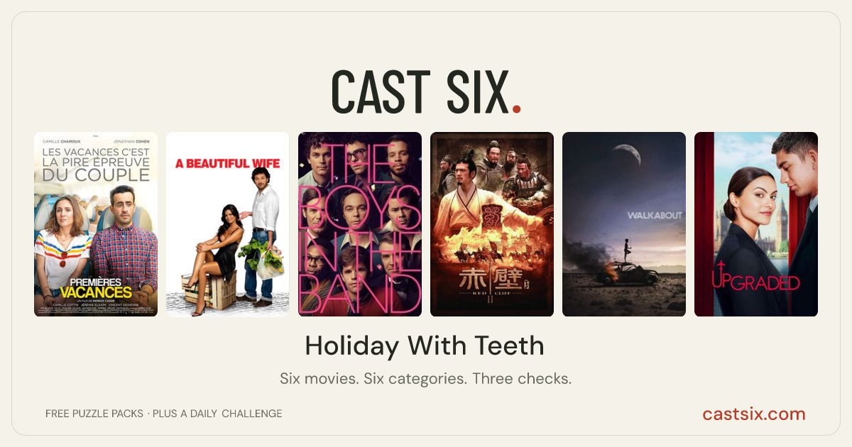 Holiday With Teeth: a Cast Six movie puzzle. Six movie posters in a row: Our Happy Holiday, A Beautiful Wife, The Boys in the Band, Red Cliff II, Walkabout, Upgraded. Six movies, six categories, three checks. Free to play at castsix.com.