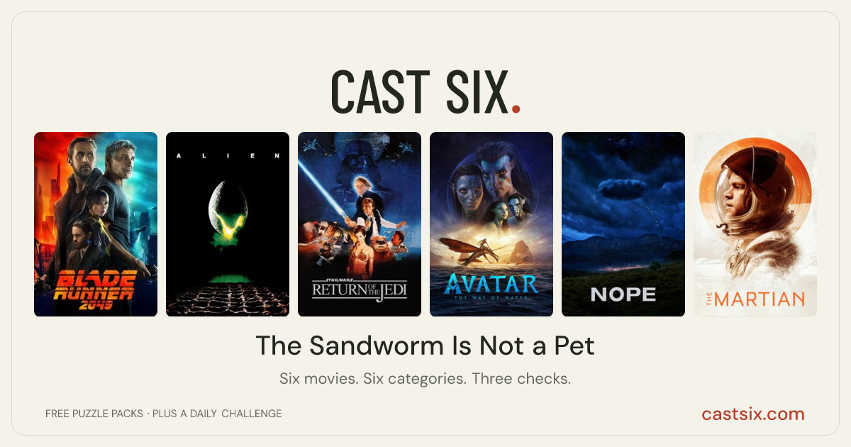 The Sandworm Is Not a Pet: a Cast Six movie puzzle. Six movie posters in a row: Blade Runner 2049, Alien, Return of the Jedi, Avatar: The Way of Water, Nope, The Martian. Six movies, six categories, three checks. Free to play at castsix.com.