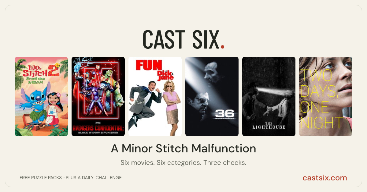 A Minor Stitch Malfunction: a Cast Six movie puzzle. Six movie posters in a row: Lilo & Stitch 2: Stitch Has a Glitch, Avengers Confidential: Black Widow & Punisher, Fun with Dick and Jane, 36th Precinct, The Lighthouse, Two Days, One Night. Six movies, six categories, three checks. Free to play at castsix.com.