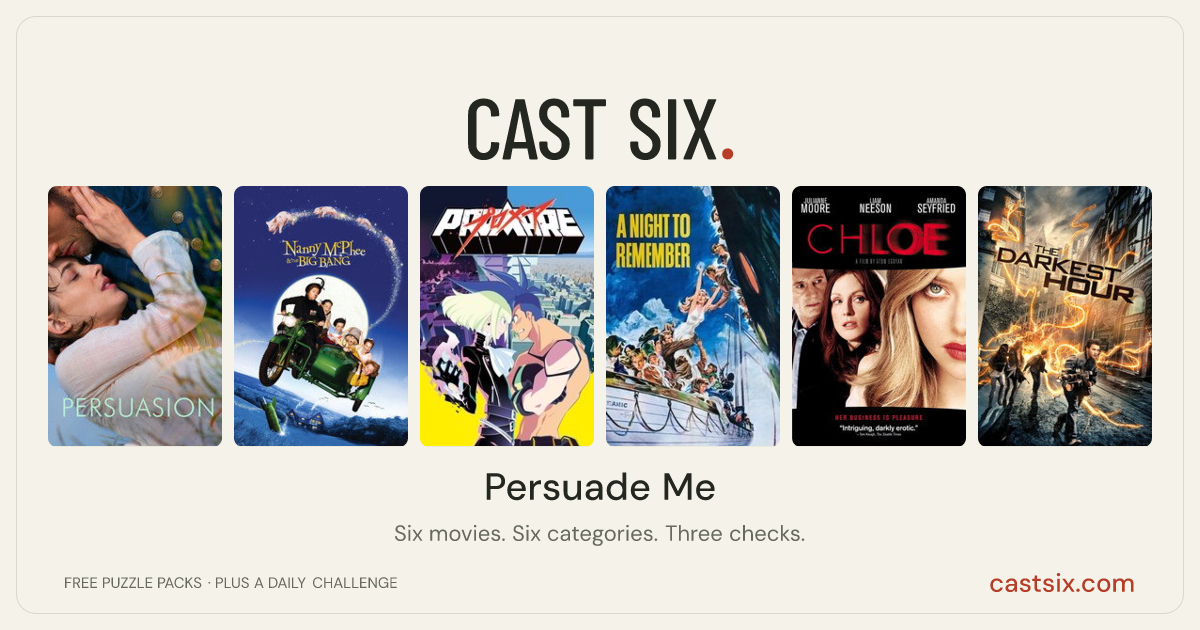 Persuade Me: a Cast Six movie puzzle. Six movie posters in a row: Persuasion, Nanny McPhee and the Big Bang, Promare, A Night to Remember, Chloe, The Darkest Hour. Six movies, six categories, three checks. Free to play at castsix.com.