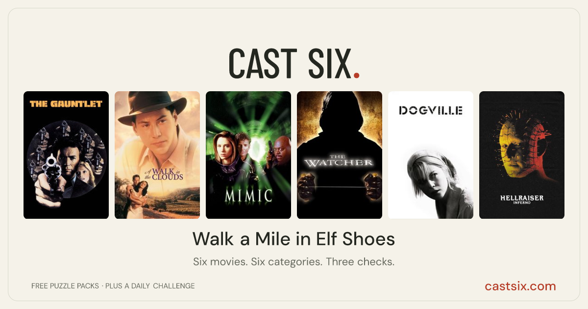Walk a Mile in Elf Shoes: a Cast Six movie puzzle. Six movie posters in a row: The Gauntlet, A Walk in the Clouds, Mimic, The Watcher, Dogville, Hellraiser: Inferno. Six movies, six categories, three checks. Free to play at castsix.com.
