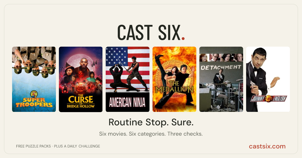 Routine Stop. Sure.: a Cast Six movie puzzle. Six movie posters in a row: Super Troopers, The Curse of Bridge Hollow, American Ninja, The Medallion, Detachment, Johnny English. Six movies, six categories, three checks. Free to play at castsix.com.