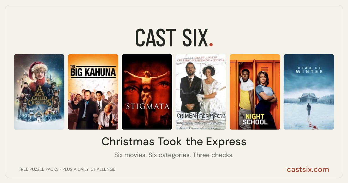 Christmas Took the Express: a Cast Six movie puzzle. Six movie posters in a row: A Boy Called Christmas, The Big Kahuna, Stigmata, The Ferpect Crime, Night School, Dead of Winter. Six movies, six categories, three checks. Free to play at castsix.com.