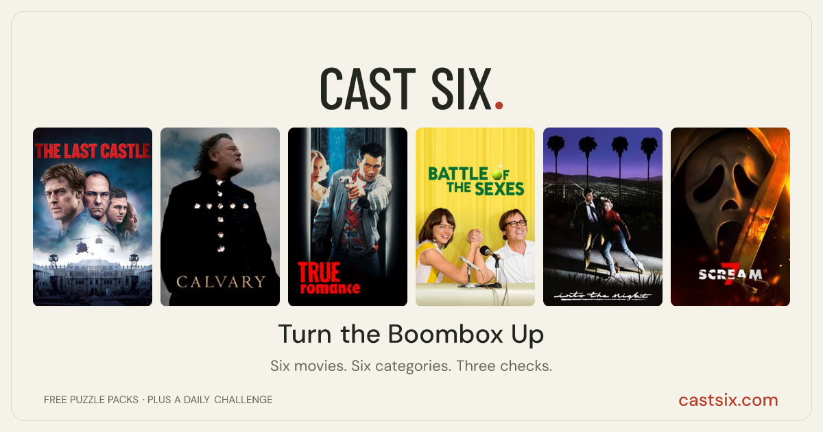 Turn the Boombox Up: a Cast Six movie puzzle. Six movie posters in a row: The Last Castle, Calvary, True Romance, Battle of the Sexes, Into the Night, Scream 7. Six movies, six categories, three checks. Free to play at castsix.com.