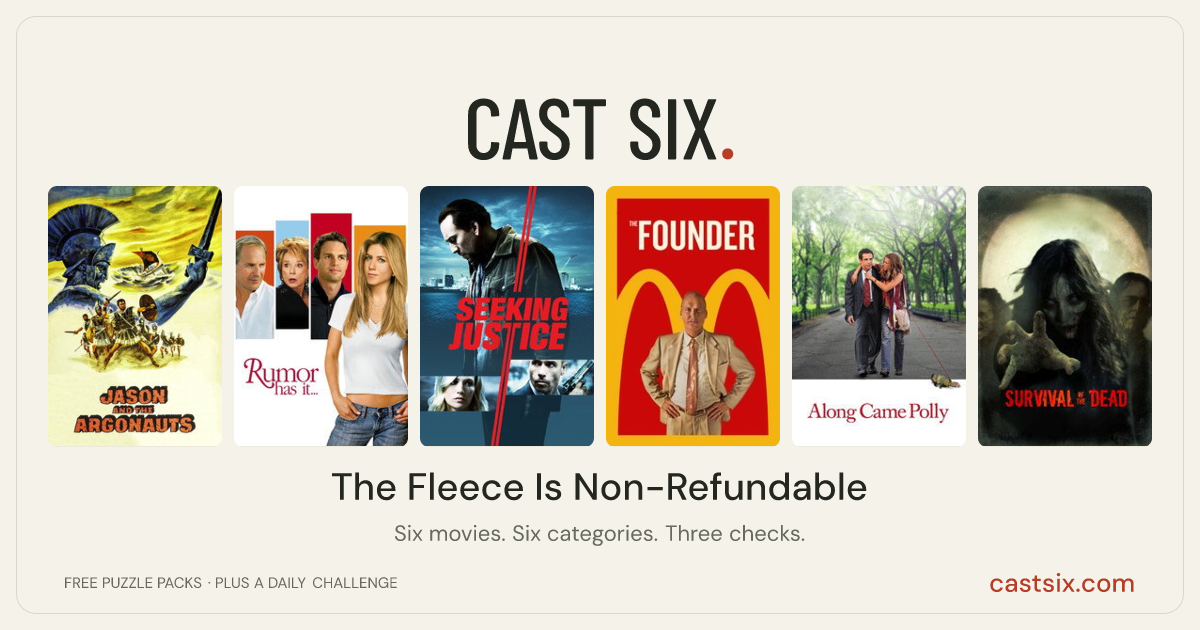 The Fleece Is Non-Refundable: a Cast Six movie puzzle. Six movie posters in a row: Jason and the Argonauts, Rumor Has It..., Seeking Justice, The Founder, Along Came Polly, Survival of the Dead. Six movies, six categories, three checks. Free to play at castsix.com.