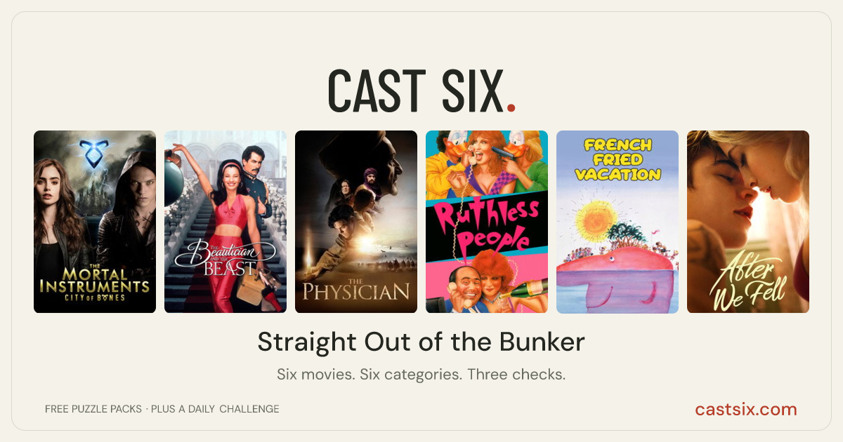 Straight Out of the Bunker: a Cast Six movie puzzle. Six movie posters in a row: The Mortal Instruments: City of Bones, The Beautician and the Beast, The Physician, Ruthless People, French Fried Vacation, After We Fell. Six movies, six categories, three checks. Free to play at castsix.com.