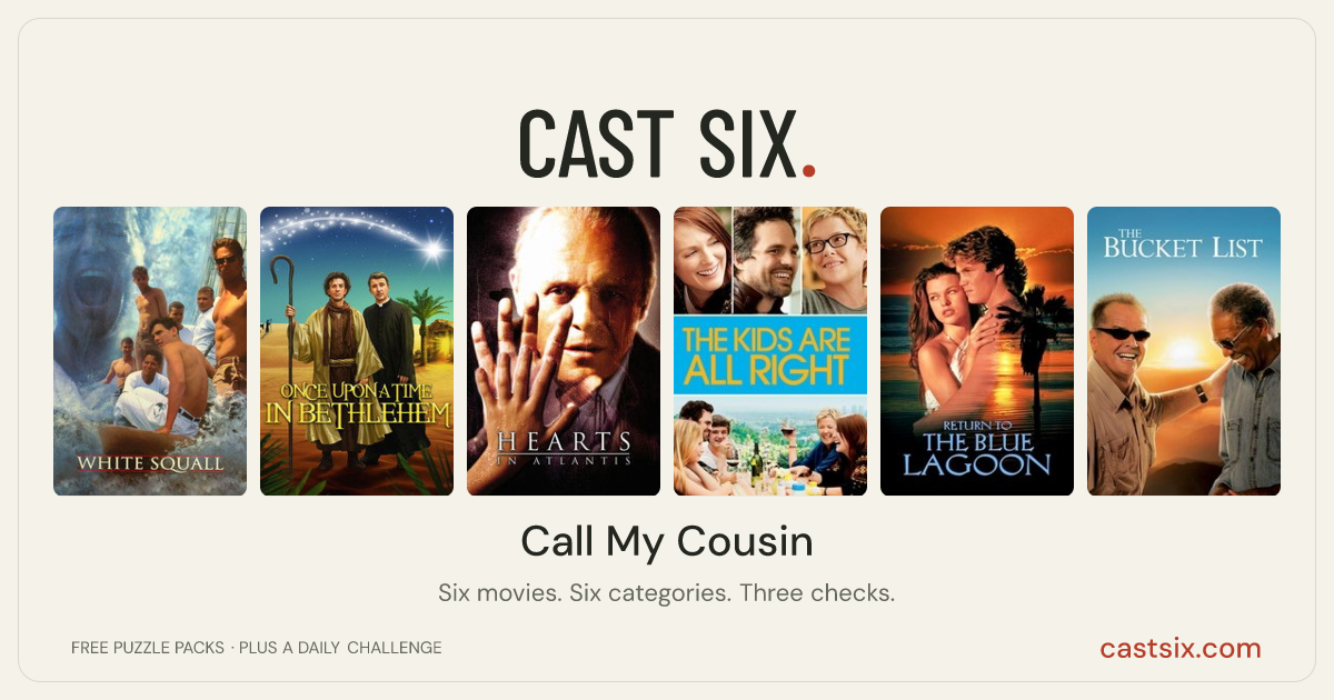 Call My Cousin: a Cast Six movie puzzle. Six movie posters in a row: White Squall, Once Upon a Time in Bethlehem, Hearts in Atlantis, The Kids Are All Right, Return to the Blue Lagoon, The Bucket List. Six movies, six categories, three checks. Free to play at castsix.com.