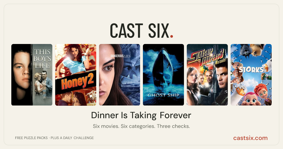 Dinner Is Taking Forever: a Cast Six movie puzzle. Six movie posters in a row: This Boy's Life, Honey 2, Dangerous Lies, Ghost Ship, Starship Troopers 3: Marauder, Storks. Six movies, six categories, three checks. Free to play at castsix.com.
