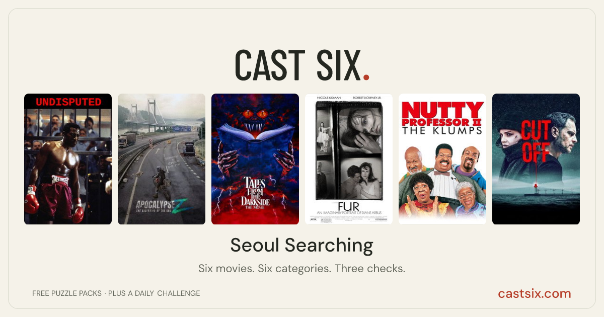 Seoul Searching: a Cast Six movie puzzle. Six movie posters in a row: Undisputed, Apocalypse Z: The Beginning of the End, Tales from the Darkside: The Movie, Fur: An Imaginary Portrait of Diane Arbus, Nutty Professor II: The Klumps, Cut Off. Six movies, six categories, three checks. Free to play at castsix.com.