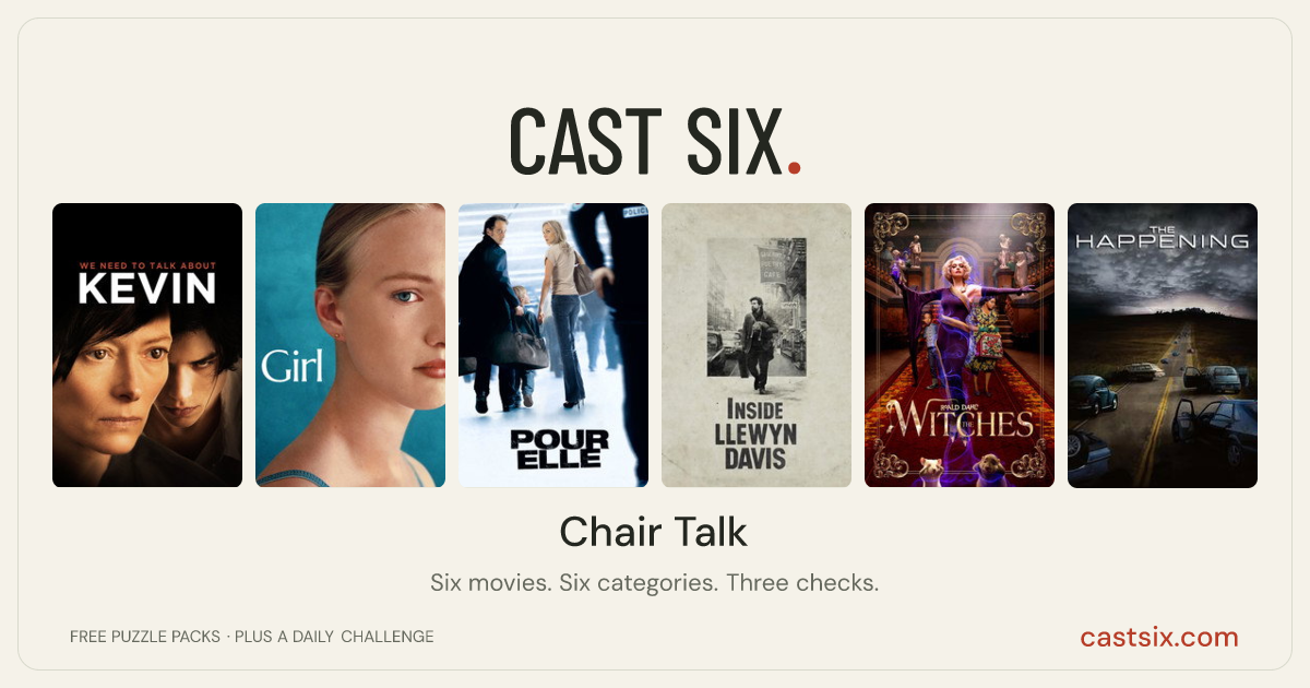 Chair Talk: a Cast Six movie puzzle. Six movie posters in a row: We Need to Talk About Kevin, Girl, Anything for Her, Inside Llewyn Davis, Roald Dahl's The Witches, The Happening. Six movies, six categories, three checks. Free to play at castsix.com.