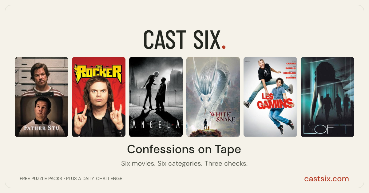 Confessions on Tape: a Cast Six movie puzzle. Six movie posters in a row: Father Stu, The Rocker, Angel-A, White Snake, The Brats, Loft. Six movies, six categories, three checks. Free to play at castsix.com.