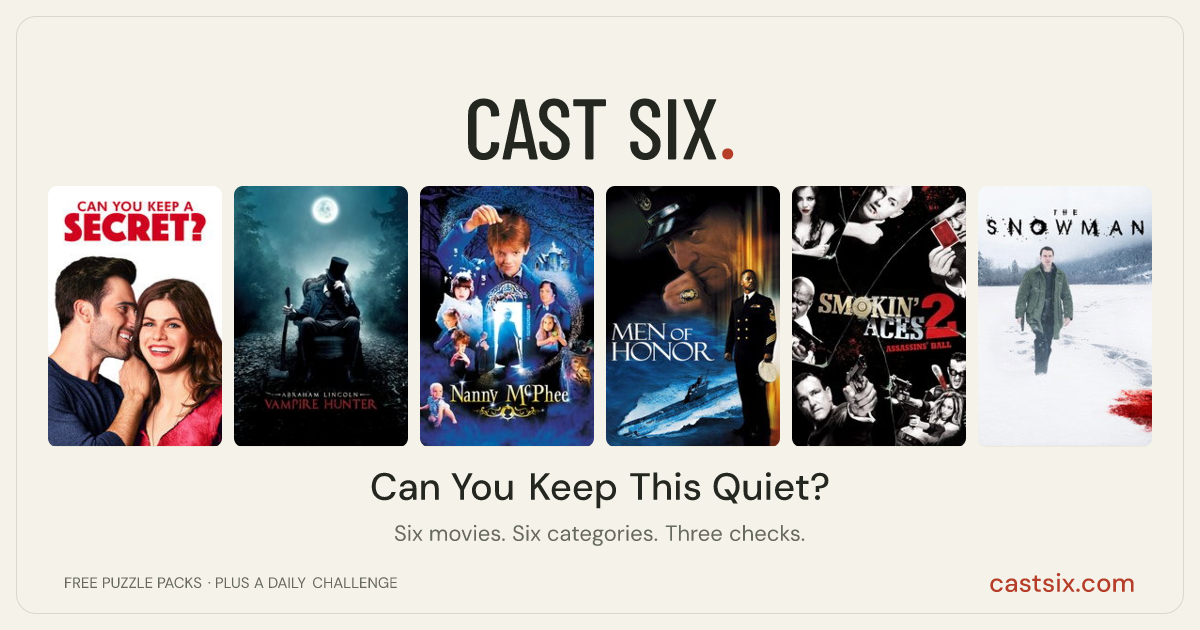 Can You Keep This Quiet?: a Cast Six movie puzzle. Six movie posters in a row: Can You Keep a Secret?, Abraham Lincoln: Vampire Hunter, Nanny McPhee, Men of Honor, Smokin' Aces 2: Assassins' Ball, The Snowman. Six movies, six categories, three checks. Free to play at castsix.com.