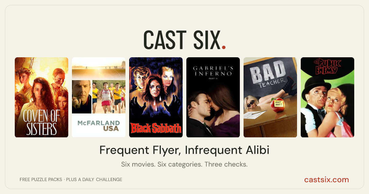 Frequent Flyer, Infrequent Alibi: a Cast Six movie puzzle. Six movie posters in a row: Coven, McFarland, USA, Black Sabbath, Gabriel's Inferno: Part II, Bad Teacher, The Public Enemy. Six movies, six categories, three checks. Free to play at castsix.com.