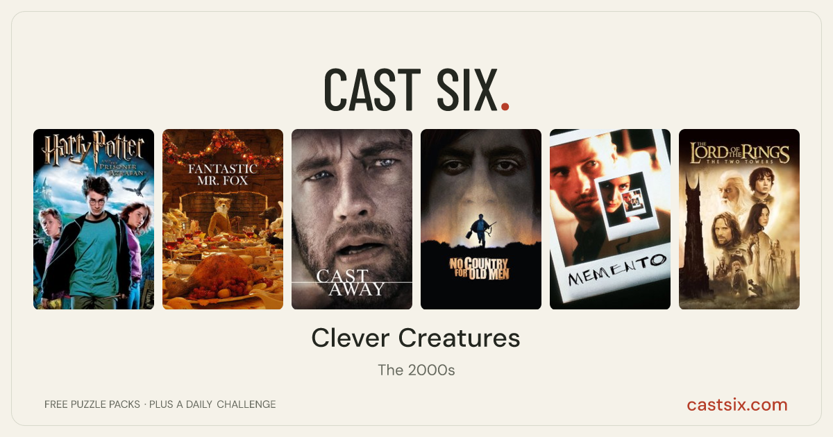 Clever Creatures: a Cast Six movie puzzle. Six movie posters in a row: Harry Potter and the Prisoner of Azkaban, Fantastic Mr. Fox, Cast Away, No Country for Old Men, Memento, The Lord of the Rings: The Two Towers. Six movies, six categories, three checks. Free to play at castsix.com.
