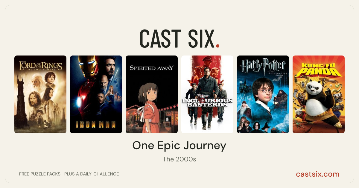 One Epic Journey: a Cast Six movie puzzle. Six movie posters in a row: The Lord of the Rings: The Two Towers, Iron Man, Spirited Away, Inglourious Basterds, Harry Potter and the Philosopher's Stone, Kung Fu Panda. Six movies, six categories, three checks. Free to play at castsix.com.