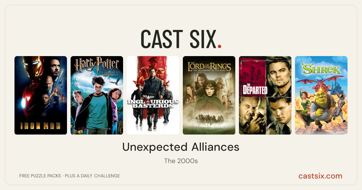 Unexpected Alliances: a Cast Six movie puzzle. Six movie posters in a row: Iron Man, Harry Potter and the Prisoner of Azkaban, Inglourious Basterds, The Lord of the Rings: The Fellowship of the Ring, The Departed, Shrek. Six movies, six categories, three checks. Free to play at castsix.com.