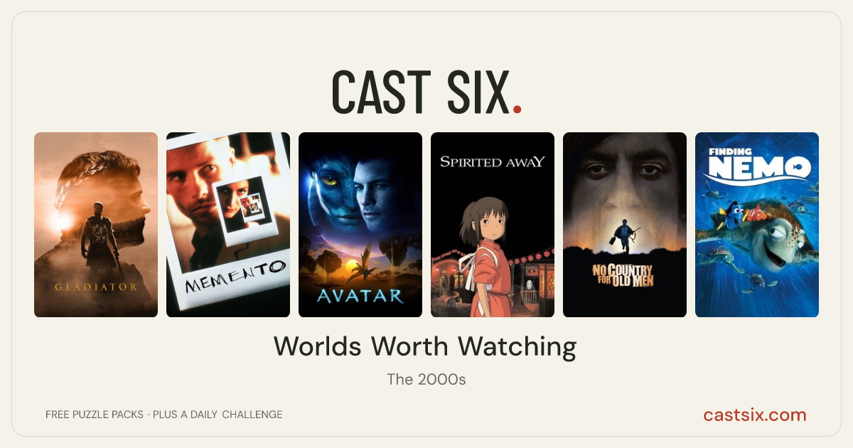 Worlds Worth Watching: a Cast Six movie puzzle. Six movie posters in a row: Gladiator, Memento, Avatar, Spirited Away, No Country for Old Men, Finding Nemo. Six movies, six categories, three checks. Free to play at castsix.com.