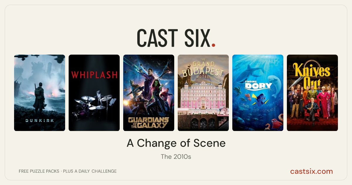 A Change of Scene: a Cast Six movie puzzle. Six movie posters in a row: Dunkirk, Whiplash, Guardians of the Galaxy, The Grand Budapest Hotel, Finding Dory, Knives Out. Six movies, six categories, three checks. Free to play at castsix.com.