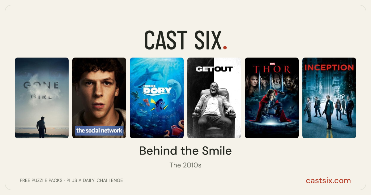 Behind the Smile: a Cast Six movie puzzle. Six movie posters in a row: Gone Girl, The Social Network, Finding Dory, Get Out, Thor, Inception. Six movies, six categories, three checks. Free to play at castsix.com.