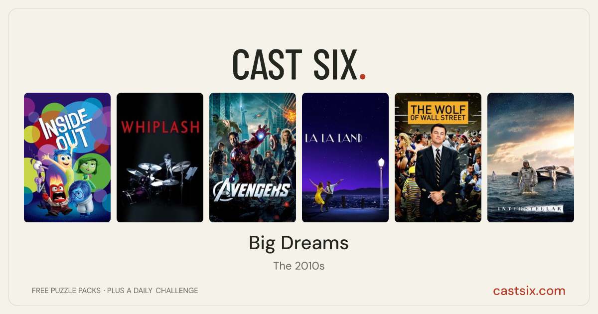 Big Dreams: a Cast Six movie puzzle. Six movie posters in a row: Inside Out, Whiplash, The Avengers, La La Land, The Wolf of Wall Street, Interstellar. Six movies, six categories, three checks. Free to play at castsix.com.
