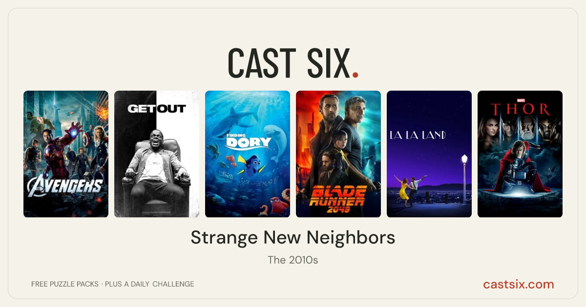 Strange New Neighbors: a Cast Six movie puzzle. Six movie posters in a row: The Avengers, Get Out, Finding Dory, Blade Runner 2049, La La Land, Thor. Six movies, six categories, three checks. Free to play at castsix.com.